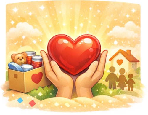 Image of hand holding heart with house and objects in background