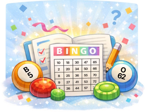 Bingo card with balls, notebook and pencil