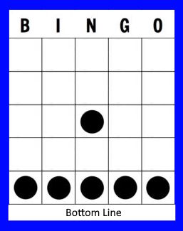 blue bingo card, showing the bottom line method to win.