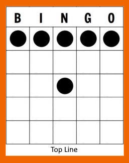 blue bingo card, showing the top line method to win.