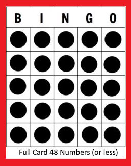 red bingo card showing a full card winning with the text 48 numbers or less.