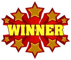 Winner in bright yellow letters with stars exploding behind it