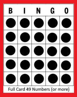 red bingo card showing a full card winning with the text 49 numbers or more.